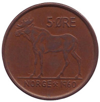 Лось. Монета 5 эре. 1960 год, Норвегия.
