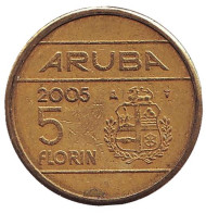 Монета 5 флоринов. 2005 год, Аруба. Монета 5 флоринов. 2005 год, Аруба.