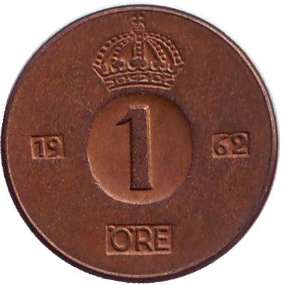 Монета 1 эре. 1962 год, Швеция.(U)