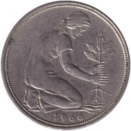 Монета 50 пфеннигов. 1966 (J) год, ФРГ. Женщина, сажающая дуб. Монета 50 пфеннигов. 1966 (J) год, ФРГ. Женщина, сажающая дуб.