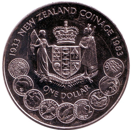 Монета 1 доллар. 1983 год, Новая Зеландия. 50 лет чеканке монет Новой Зеландии.