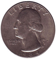 Монета 25 центов. 1984 (P) год, США. Вашингтон. Монета 25 центов. 1984 (P) год, США. Вашингтон.