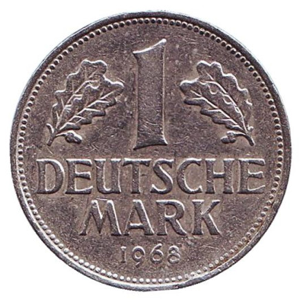 Монета 1 марка. 1968 год (F), ФРГ.