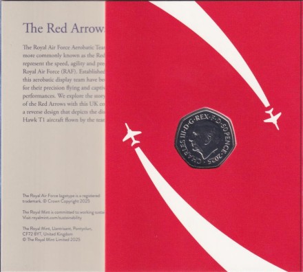 Монета 50 пенсов. 2025 год, Великобритания. Красные стрелы. В буклете. Монета 50 пенсов. 2025 год, Великобритания. Красные стрелы. В буклете.