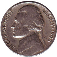Монета 5 центов. 1948 год (D), США. Джефферсон. Монтичелло. Монета 5 центов. 1948 год (D), США. Джефферсон. Монтичелло.