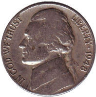 Джефферсон. Монтичелло. Монета 5 центов. 1948 год (D), США.