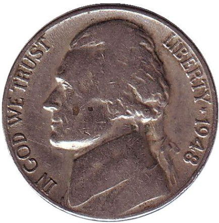 Монета 5 центов. 1948 год (D), США. Джефферсон. Монтичелло.