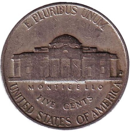 Монета 5 центов. 1948 год (D), США. Джефферсон. Монтичелло. Монета 5 центов. 1948 год (D), США. Джефферсон. Монтичелло.