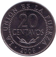 Монета 20 сентаво. 2006 год, Боливия. Монета 20 сентаво. 2006 год, Боливия.