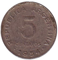 Монета 5 сентаво. 1954 год, Аргентина. Монета 5 сентаво. 1954 год, Аргентина.