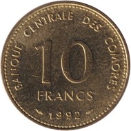 Монета 10 франков. 1992 год, Коморские острова. Монета 10 франков. 1992 год, Коморские острова.