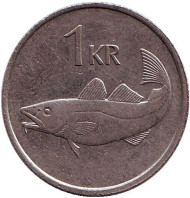 Монета 1 крона. 1987 год, Исландия. Треска. Монета 1 крона. 1987 год, Исландия. Треска.