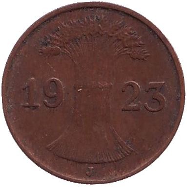 Монета 1 рентенпфенниг. 1923 год (J), Веймарская республика. Монета 1 рентенпфенниг. 1923 год (J), Веймарская республика.