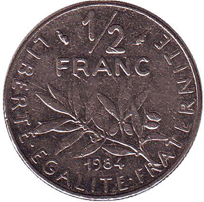 Монета 1/2 франка. 1984 год, Франция.