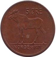 Монета 5 эре. 1971 год, Норвегия. Лось. Монета 5 эре. 1971 год, Норвегия. Лось.