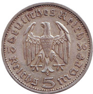 Монета 5 рейхсмарок. 1936 год, Германия (Третий Рейх). (E). Старый тип. Монета 5 рейхсмарок. 1936 год, Германия (Третий Рейх). (E). Старый тип.