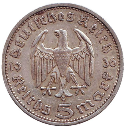 Монета 5 рейхсмарок. 1936 год, Германия (Третий Рейх). (E). Старый тип. Монета 5 рейхсмарок. 1936 год, Германия (Третий Рейх). (E). Старый тип.