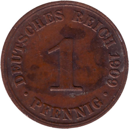 Монета 1 пфенниг. 1909 год (А), Германская империя.