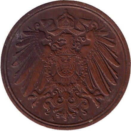 Монета 1 пфенниг. 1909 год (А), Германская империя.