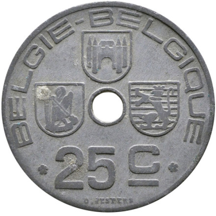 Монета 25 сантимов. 1943 год, Бельгия. (Belgie-Belgique)