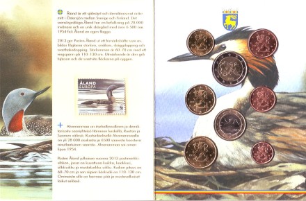 Аландские острова. Чернозобая гагара. Набор монет Финляндии (8 шт., с маркой). 2013 год, Финляндия.