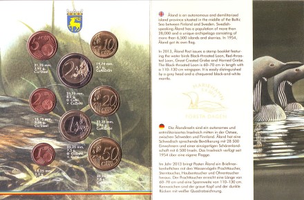 Аландские острова. Чернозобая гагара. Набор монет Финляндии (8 шт., с маркой). 2013 год, Финляндия.