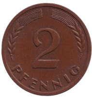 Монета 2 пфеннига. 1965 год (J), ФРГ. Дубовые листья. Монета 2 пфеннига. 1965 год (J), ФРГ. Дубовые листья.