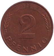 Монета 2 пфеннига. 1987 год (J), ФРГ. Дубовые листья. Монета 2 пфеннига. 1987 год (J), ФРГ. Дубовые листья.
