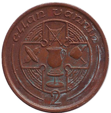 Монета 2 пенса. 1992 год, Остров Мэн. Кельтский крест.