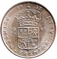 Монета 2 кроны. 1957 год, Швеция. Густав VI Адольф. Монета 2 кроны. 1957 год, Швеция. Густав VI Адольф.