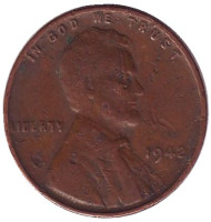Монета 1 цент. 1942 год (P), США. Линкольн. Монета 1 цент. 1942 год (P), США. Линкольн.