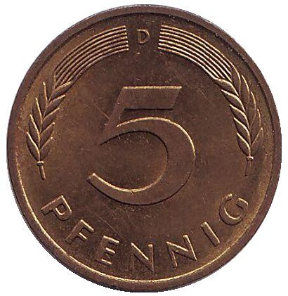 Монета 5 пфеннигов. 1984 год (D), ФРГ. Дубовые листья.