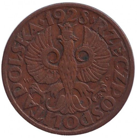 Монета 5 грошей. 1928 год, Польша. Монета 5 грошей. 1928 год, Польша.