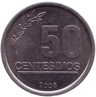 Монета 50 сентесимо. 2008 год, Уругвай. Монета 50 сентесимо. 2008 год, Уругвай.