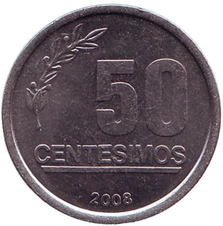 Монета 50 сентесимо. 2008 год, Уругвай.