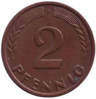 Монета 2 пфеннига. 1965 год (F), ФРГ. Дубовые листья. Монета 2 пфеннига. 1965 год (F), ФРГ. Дубовые листья.