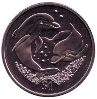 Монета 1 доллар. 2006 год, Британские Виргинские острова. Дельфины. Монета 1 доллар. 2006 год, Британские Виргинские острова. Дельфины.