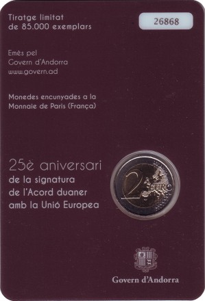 Монета 2 евро. 2015 год, Андорра. 25-летие подписания таможенного соглашения с ЕС.