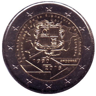 Монета 2 евро. 2015 год, Андорра. 25-летие подписания таможенного соглашения с ЕС.