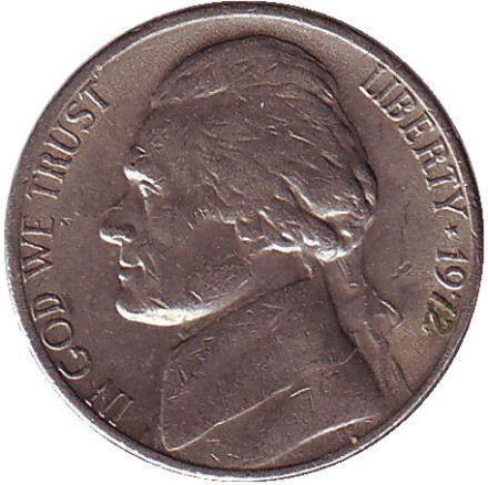 Монета 5 центов. 1972 год, США. Джефферсон. Монтичелло.