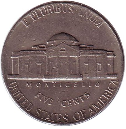 Монета 5 центов. 1972 год, США. Джефферсон. Монтичелло.