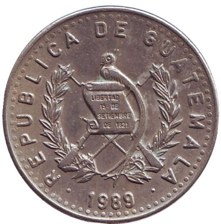 Монета 25 сентаво. 1989 год, Гватемала. Индианка. Монета 25 сентаво. 1989 год, Гватемала. Индианка.