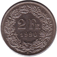 Монета 2 франка. 1990 (B) год, Швейцария. Гельвеция. Монета 2 франка. 1990 (B) год, Швейцария. Гельвеция.