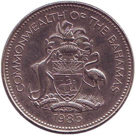 Монета 25 центов. 1985 год, Багамские острова. Парусник.