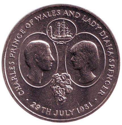 Монета 25 пенсов. 1981 год, Остров Святой Елены. Свадьба Принца Чарльза и Леди Дианы.