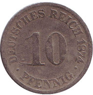 Монета 10 пфеннигов. 1874 год (G), Германская империя. Монета 10 пфеннигов. 1874 год (G), Германская империя.