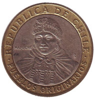 Монета 100 песо. 2005 год, Чили. Индеец Мапуче. Монета 100 песо. 2005 год, Чили. Индеец Мапуче.