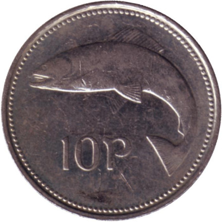 Монета 10 пенсов. 2000 год, Ирландия. Лосось.