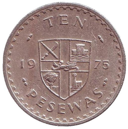 Монета 10 песев. 1975 год, Гана.