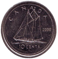 Монета 10 центов. 2000 год, Канада. Парусник. Монета 10 центов. 2000 год, Канада. Парусник.